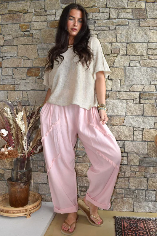 Rustic Nature Linen Blend Barrel Pant Washed Sugar